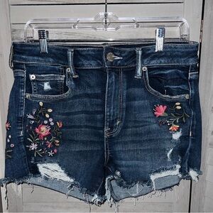 American Eagle Outfitters Dark Blue Embroidered Jean Shorts